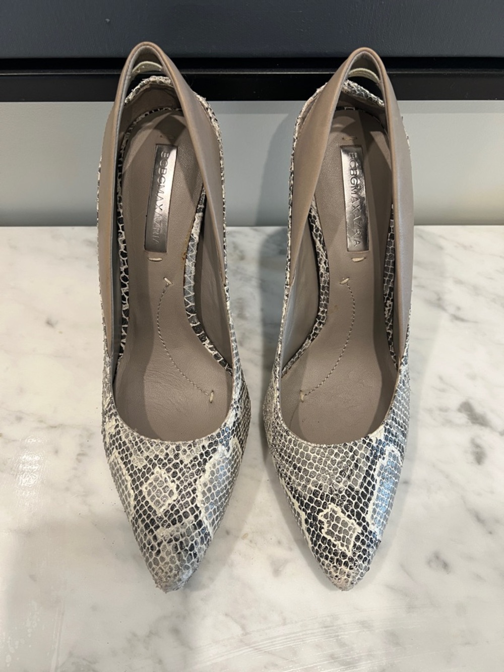 BCBGMAXAZRIA Snake-Print Leather Pointed Toe Pumps in Beige